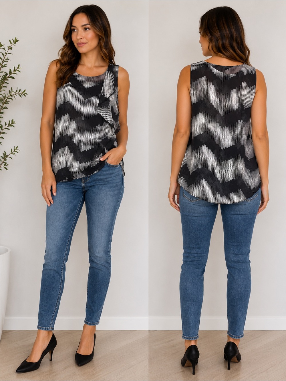 Bellissima Fashions XL Black & White Ruffle Overlay Sleeveless Blouse
